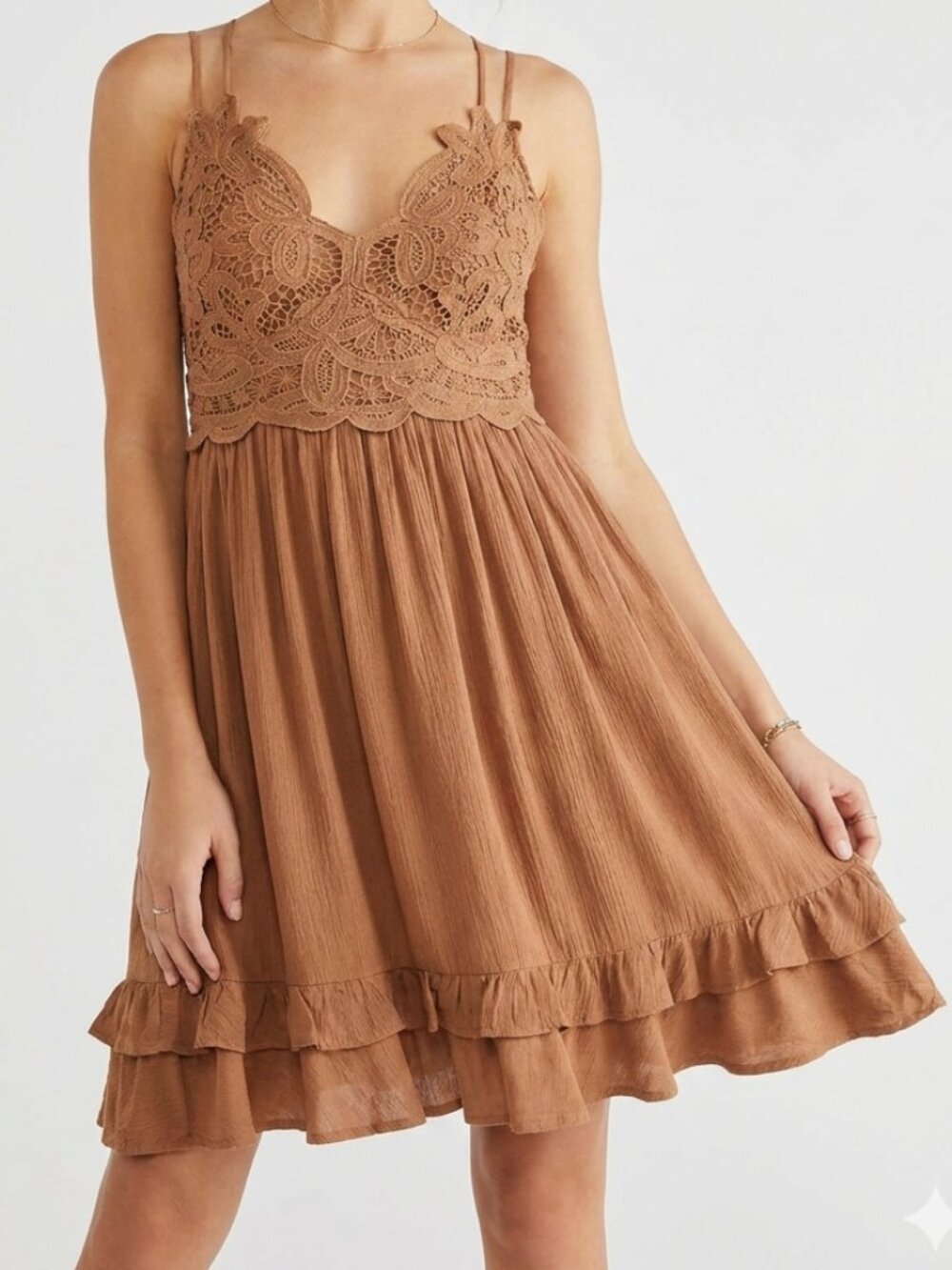 Listicle Crochet Lace Bodice Caramel Tiered Ruffle Mini Dress Size M Medium